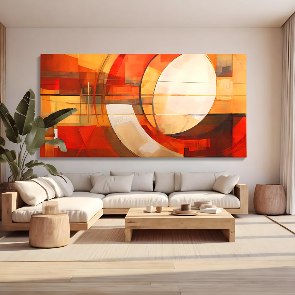 Tablou canvas cu tablou canvas cu pictura abstracta geometrica, fara rama, pe sasiu de lemn, pe perete intr-un living